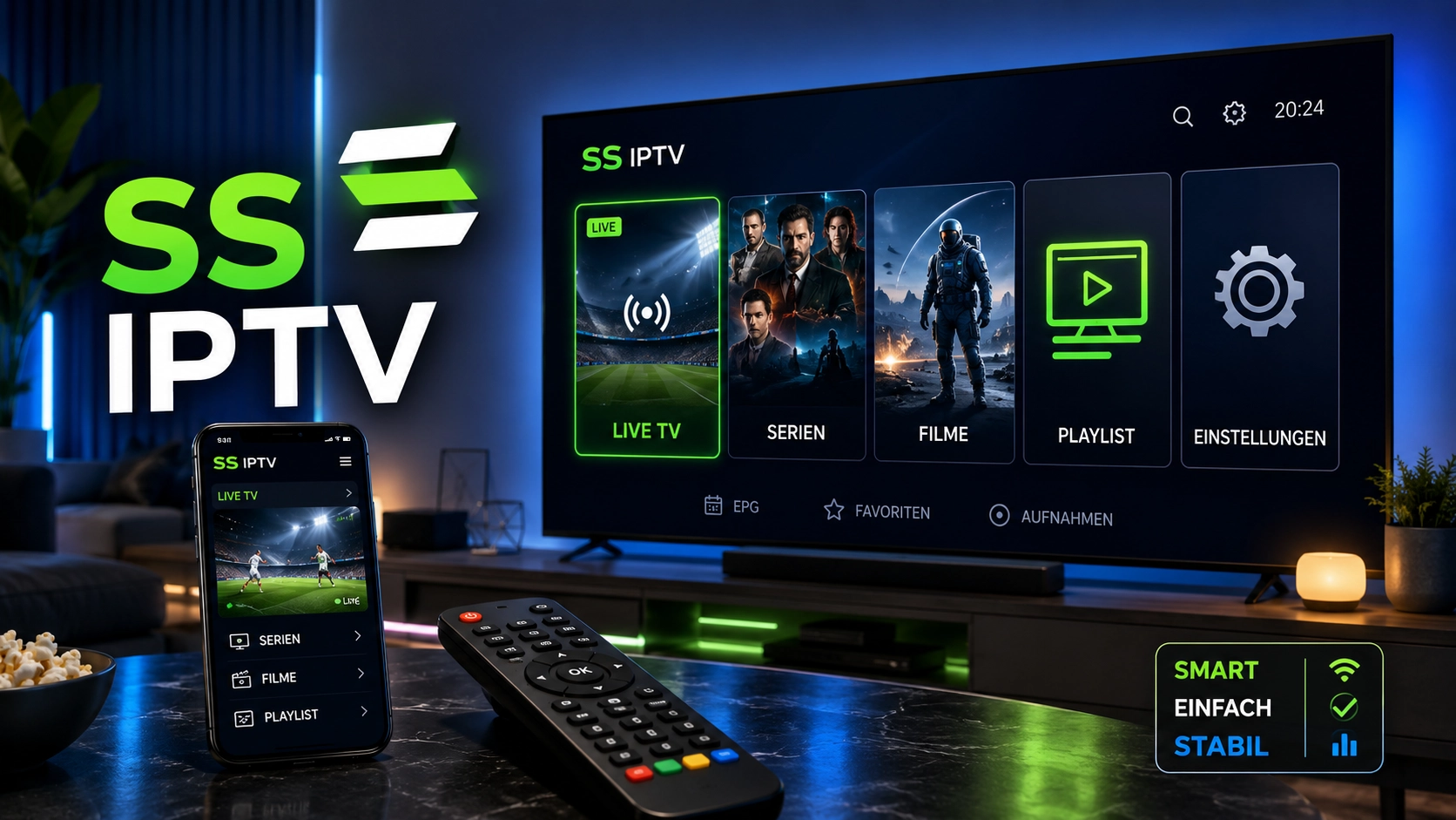 SS IPTV auf Smart TV im Wohnzimmer – Live-TV Player mit Kanalliste und Programmheft